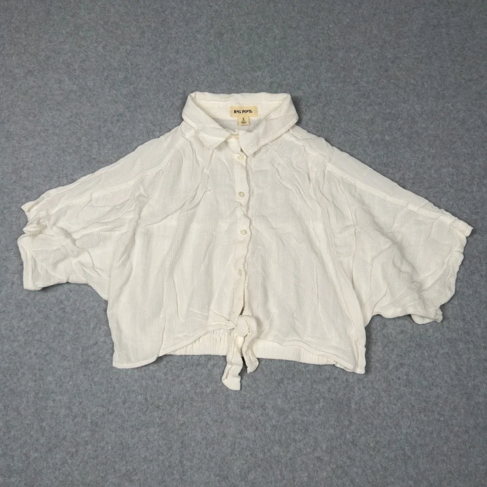 RAG POETS White Textured Cropped Button Up Shirt Dolman Sleeve Tie Front Size S